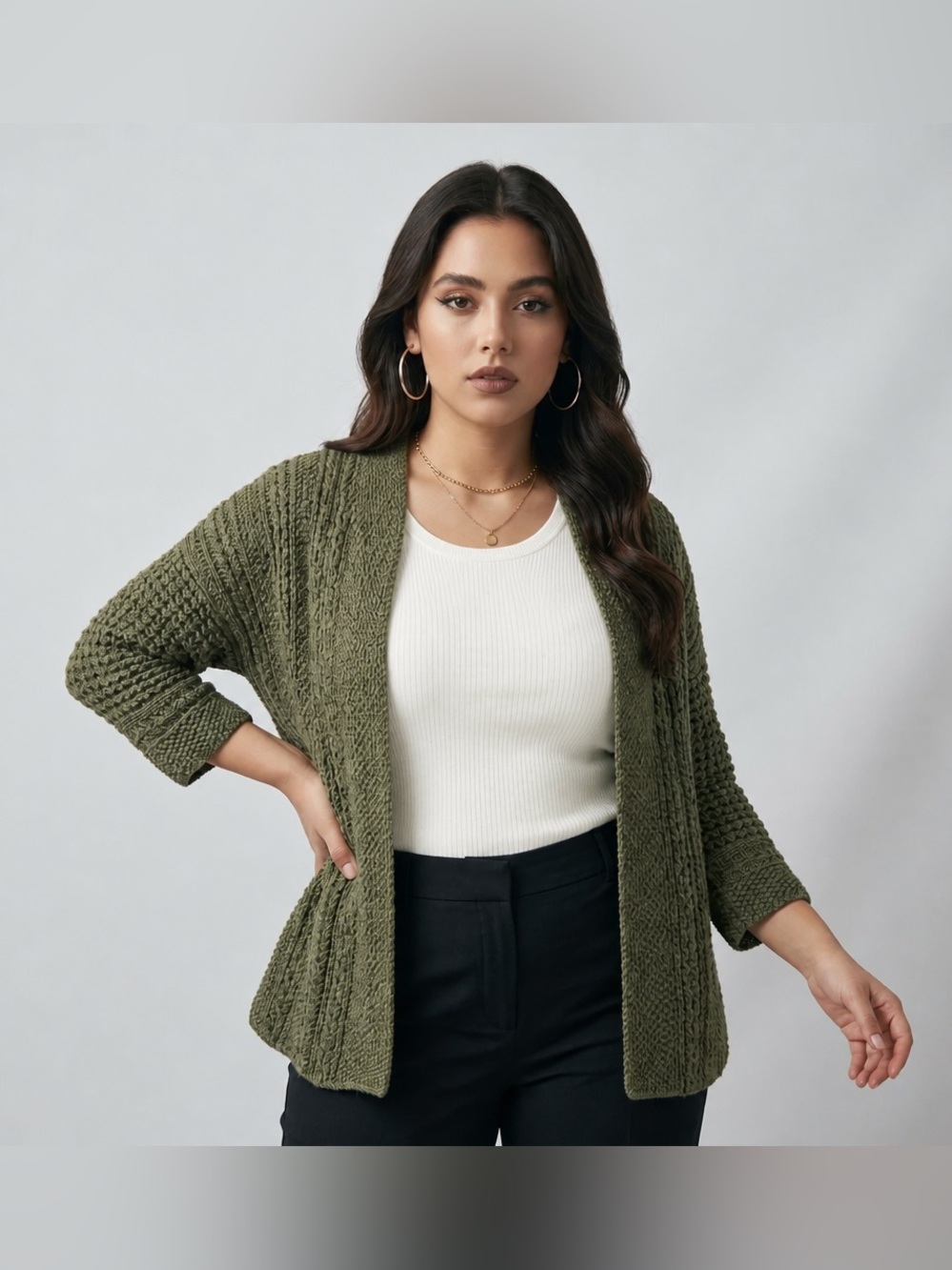 100% Linen Olive Open-Front Textured Knit Cardigan/Quiet Luxury/Cottagecore